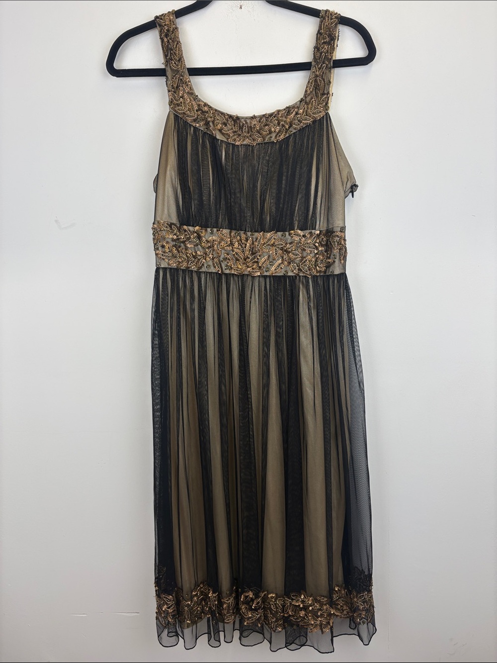 Vintage Spiegel Beaded Mesh Overlay Dress Women’s Black Gold Cocktail Dress Sz M